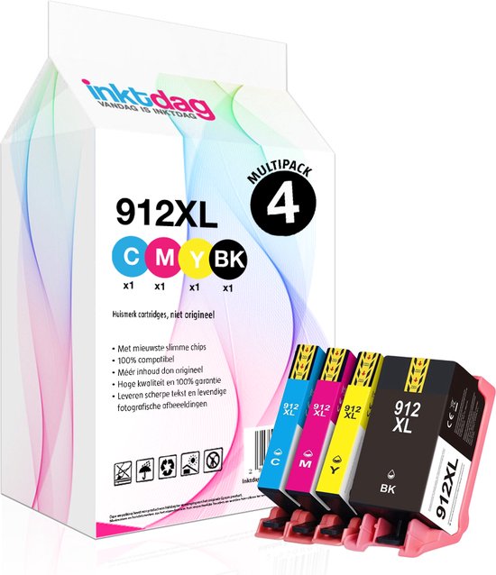 Inktdag inktcartridge voor HP 912 inkt cartridges, hp 912 xl inkt cartridges, HP 912xl inktcartridge 4 pack (1*BK, C, M en Y) voor voor HP OfficeJet Pro 8010 8012 8014 8015 8020 8022 8023 8024 8025