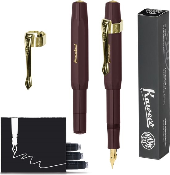 Kaweco (3pc) - Stylo Plume CLASSIC SPORT BORDEAUX Stylo Plume - Fin - Nostalgie Oktogonal Clip Vergoldet - Coffret Recharges