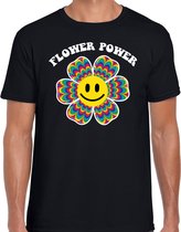 Jaren 60 Flower Power verkleed shirt zwart met psychedelische emoticon bloem heren - Sixties/ jaren 60 kleding S