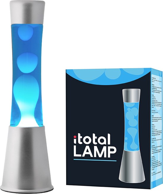 i-Total Lavalamp - Lava Lamp - Sfeerlamp - 40x11 cm - Glas/Aluminium - 30W - Blauw met witte Lava - Zilvergrijs - XL1791