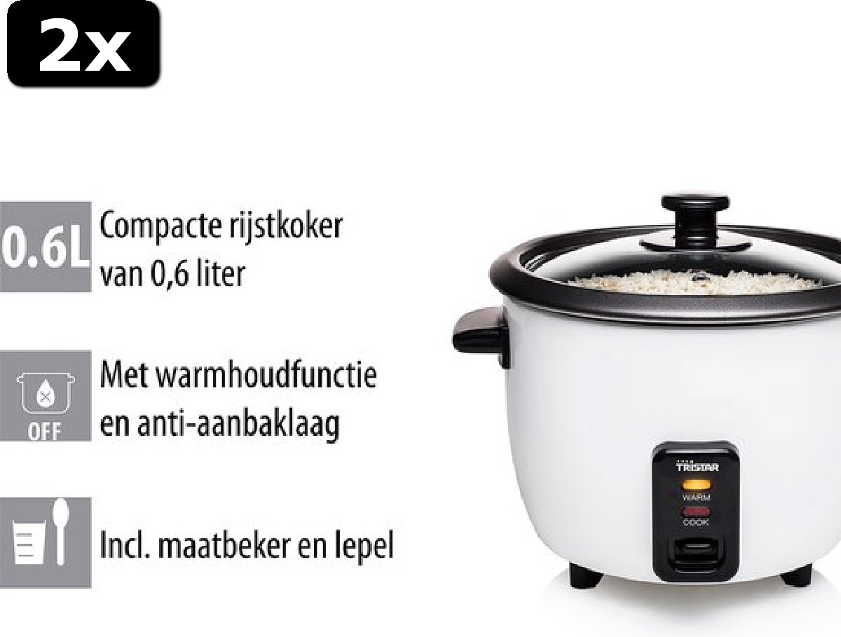 2x Tristar RK-6117 Rijstkoker - 0.6 liter - Uitneembare Binnenpan - Wit |  bol.com