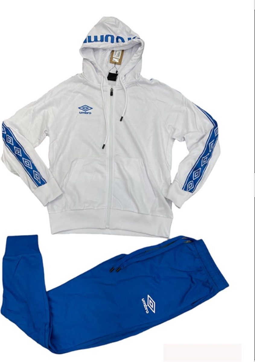 Umbro katoenen training pak voor heren, sport set - vest met rits - zijzakken - kleur WIT en BLAUW maat M