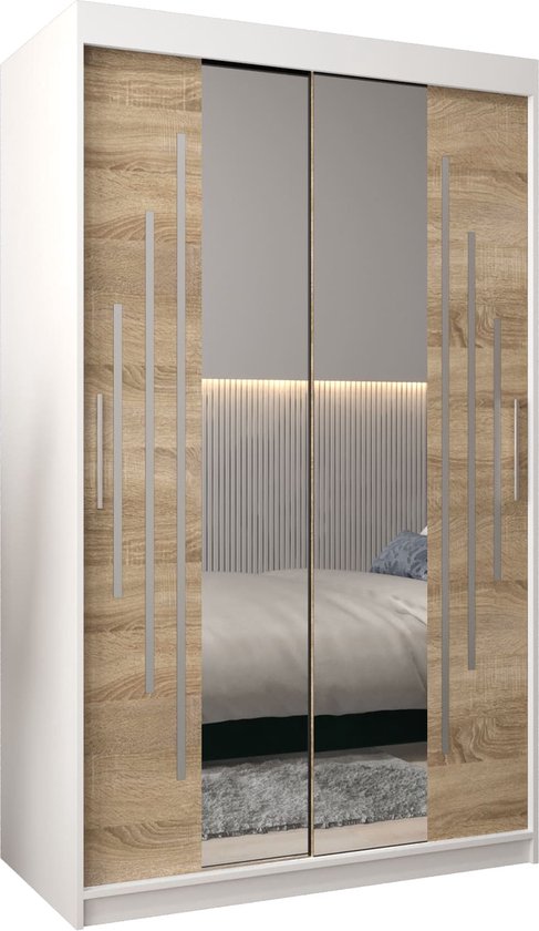InspireMe - Kledingkast met 2 schuifdeuren, Modern-stijl, Een kledingkast met planken en een spiegel (BxHxD): 120x200x62 - MALTESE I 120 Wit Mat + Sonoma Eik