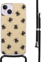 Hoesje met koord - Geschikt voor iPhone 14 - Bijen print - Verstelbaar zwart koord - Zwart, Transparant - Print / Illustratie - Leuke Telefoonhoesjes