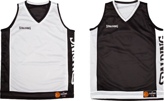 Débardeur de basket-ball réversible : blanc avec noir et noir avec blanc, tous deux avec logo Spalding.