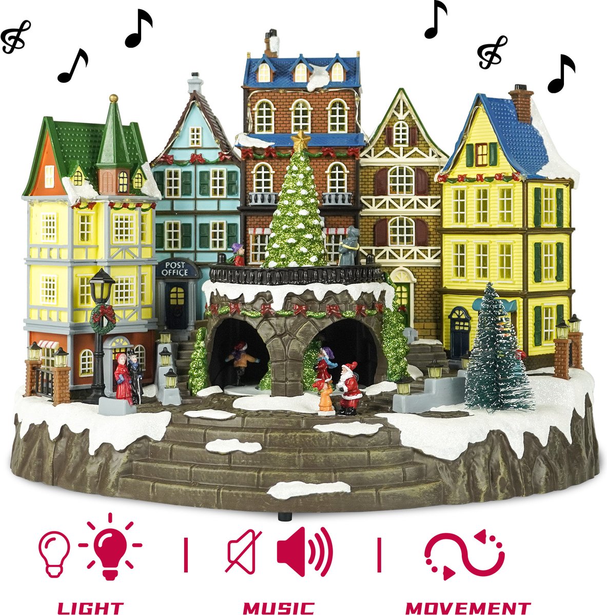 Kristmar Kerstdorp met draaiende kerstboom, verlichte huisjes en vrolijke schaatsers – Kersthuisje met verlichting, muziek en beweging – Kersthuisjes met LED verlichting – L42xB26xH32 cm – 4.5V – Plastic - Multicolor