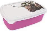 Broodtrommel Roze - Lunchbox - Brooddoos - Schotse hooglander - Koe - Bloemen - 18x12x6 cm - Kinderen - Meisje