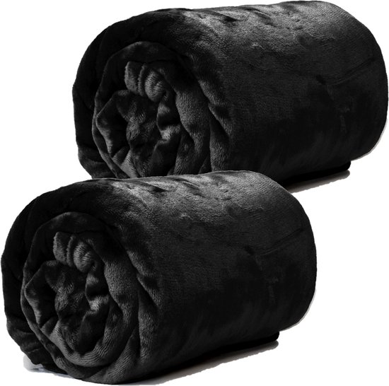 Plaids/ couvertures - polaire - 2 pièces - noir - polyester - 130 x 180 cm
