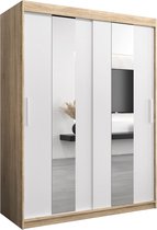 InspireMe - Kledingkast met 2 schuifdeuren, Modern-stijl, Een kledingkast met planken en een spiegel (BxHxD): 150x200x62 - DANCE 150 Sonoma Eik + Wit Mat