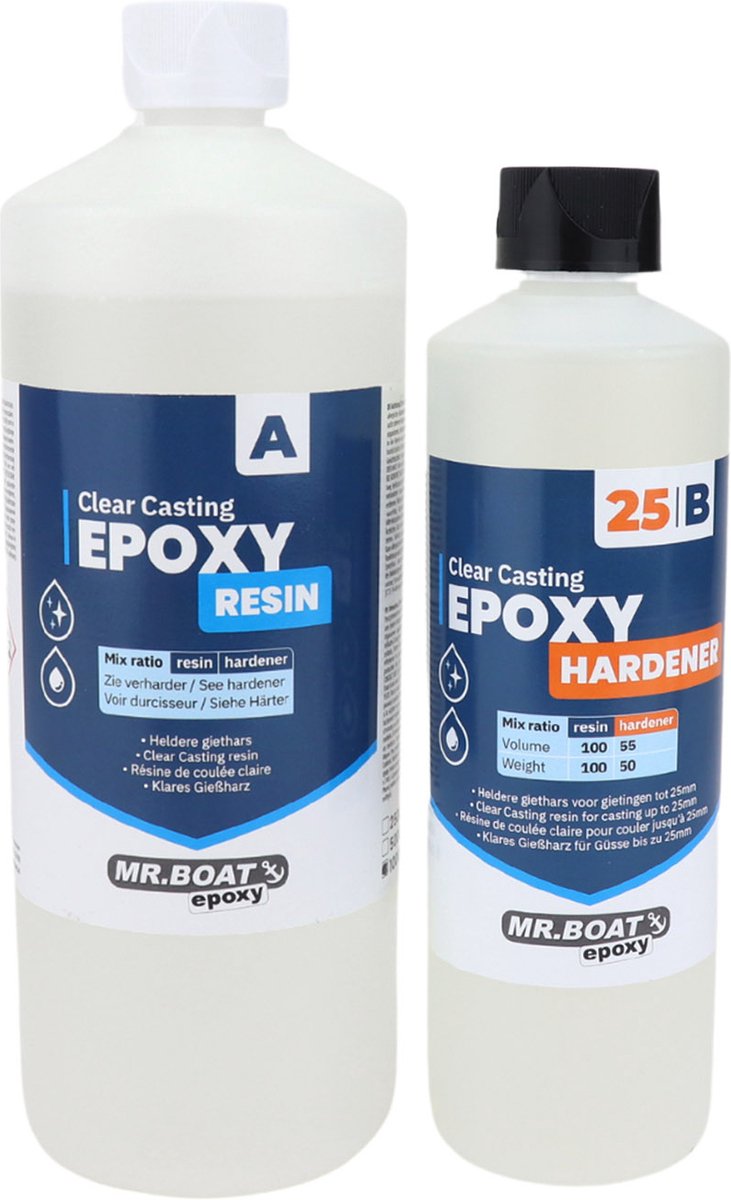 Mr.Boat Epoxy Giethars 25 - 1500 gram - Transparante Resin / Epoxyhars - Met UV blocker - Mengbekers - Handschoenen – Tongspatels - 