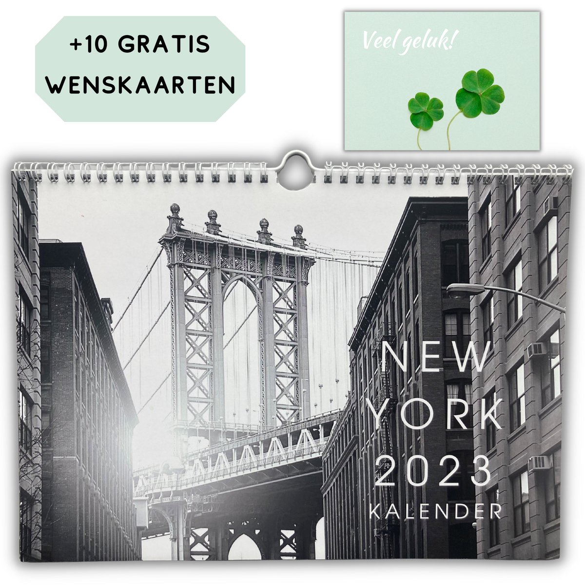 Kalender 2023 Wandkalender - Maandkalender - New York - Maand - A4 - Zwart Wit - Incl. 10 Wenskaarten