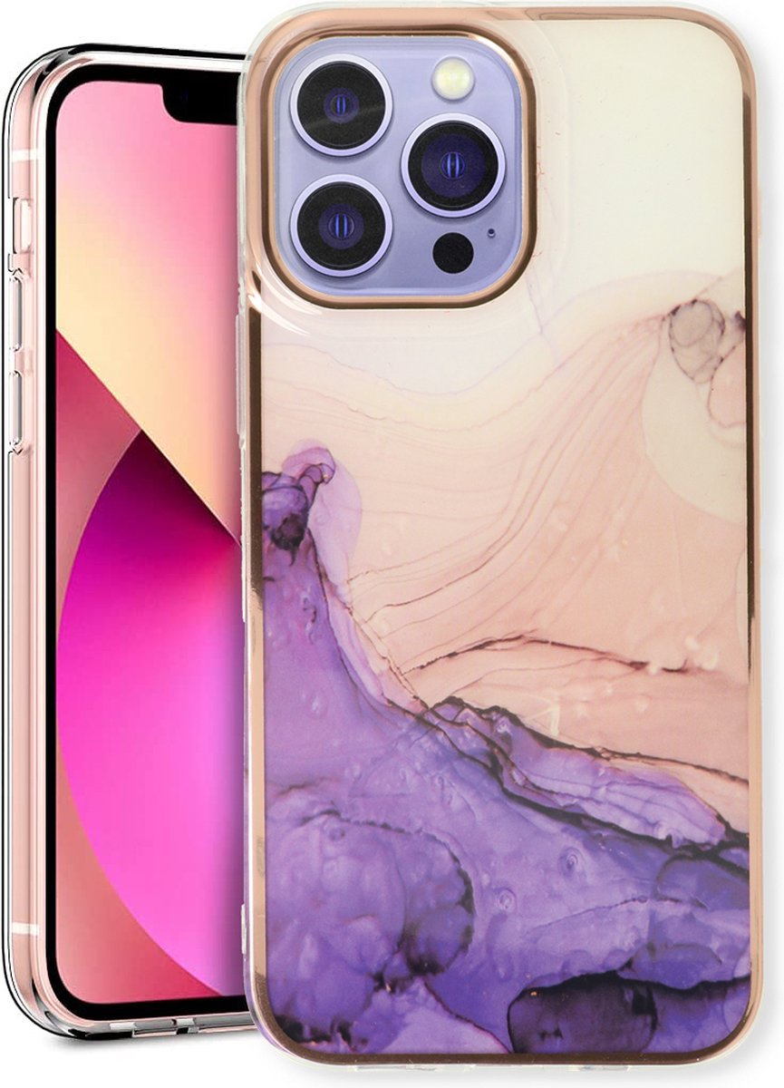 Casemania Hoesje Geschikt voor Apple iPhone 13 Pro - Paars - Siliconen Marmer Back Cover