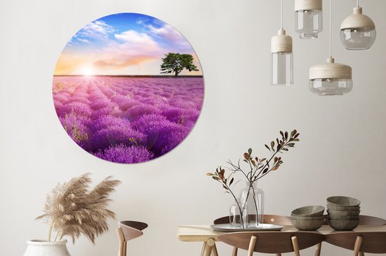 Papier peint cercle - Lavande - Fleurs - Arbre - Soleil - Paysage - Décoration murale cercle - Papier peint cercle fleurs - Papier peint autocollant - 120x120 cm - Papier peint autocollant - Papier peint rond - Papier peint cercle