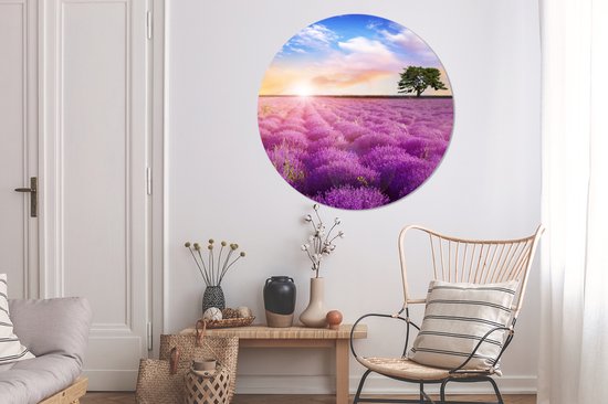 Papier peint cercle - Lavande - Fleurs - Arbre - Soleil - Paysage - Décoration murale cercle - Papier peint cercle fleurs - Papier peint autocollant - 120x120 cm - Papier peint autocollant - Papier peint rond - Papier peint cercle