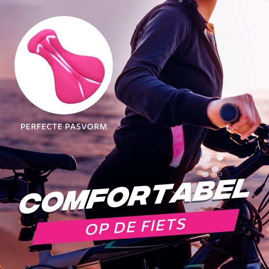 Femme à vélo avec insert rose pour cuissard, avec le texte 'Perfecte pasvorm' et 'Comfortabel op de fiets'.