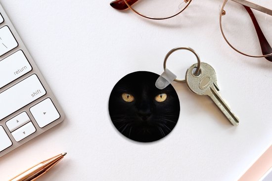 Porte-clés - Gros plan chat noir - Plastique - Rond