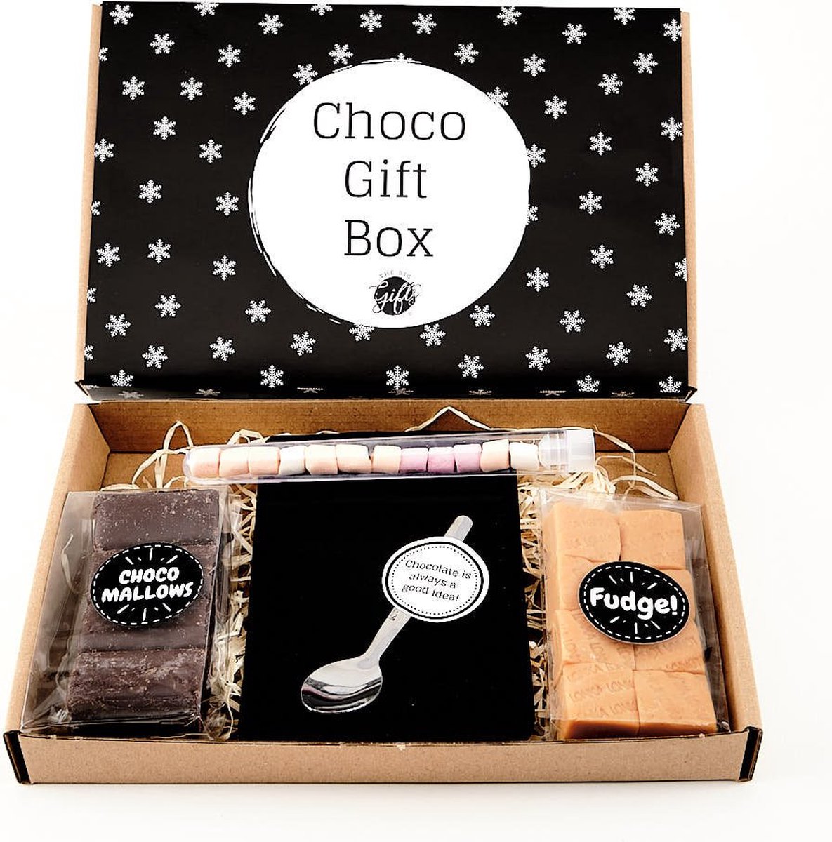Chocolade gift box - fudge chocolademelk chocolade mallows - cadeau box - kerst cadeau - brievenbuspakket thee
