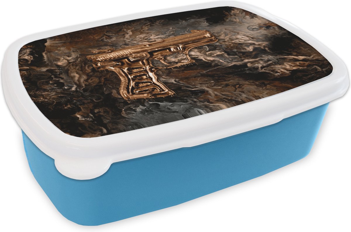 Broodtrommel Blauw - Lunchbox - Brooddoos - Pistool - Goud - Rook - 18x12x6 cm - Kinderen - Jongen