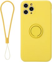 Voor iPhone 11 effen kleur vloeibare siliconen schokbestendige volledige dekking beschermhoes met ringhouder en koord (geel)