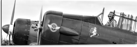 WallClassics - Dibond - Piloot in Klein Vliegtuigje in het zwart/wit - 90x30 cm Foto op Aluminium (Met Ophangsysteem)