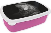 Broodtrommel Roze - Lunchbox - Brooddoos - Wilde dieren - Leeuw - zwart - Wit - 18x12x6 cm - Kinderen - Meisje