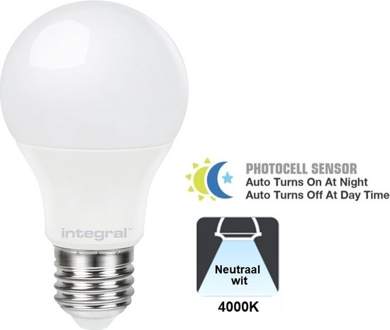 Integral LED - E27 LED lamp - 4,8 watt - 470 lumen - 4000K - Dag/nacht  sensor - niet... | bol.com