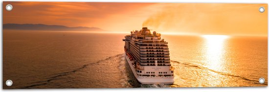 WallClassics - Tuinposter – Cruiseschip op Water bij Zachte Zonsondergang - 90x30 cm Foto op Tuinposter  (wanddecoratie voor buiten en binnen)