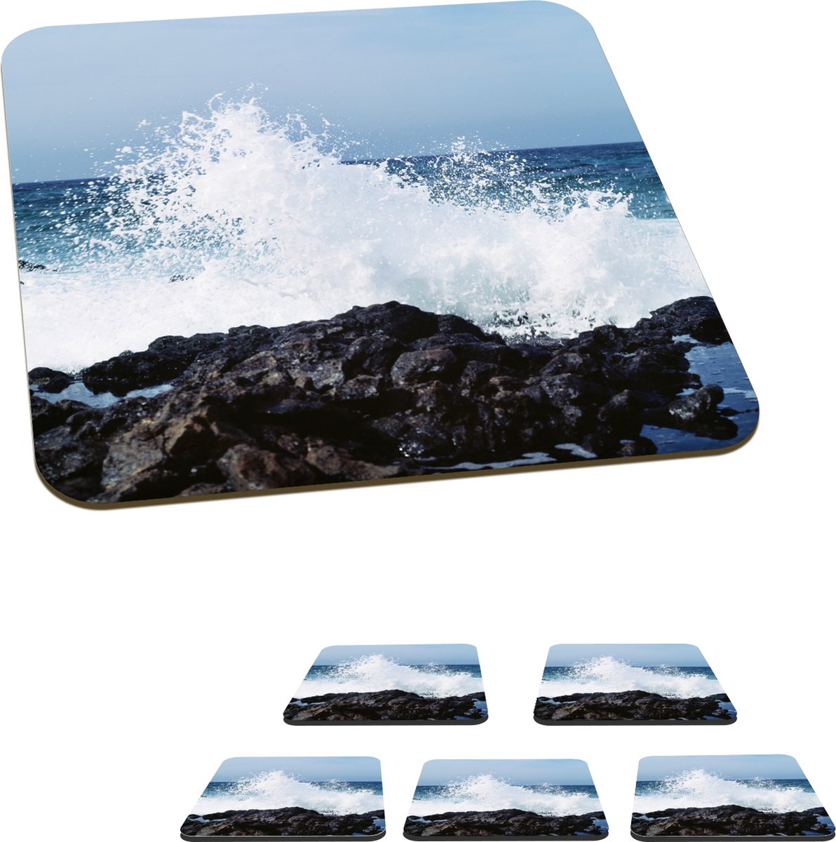 Onderzetters voor glazen - Steen - Golf - Zee - 10x10 cm - Glasonderzetters - 6 stuks