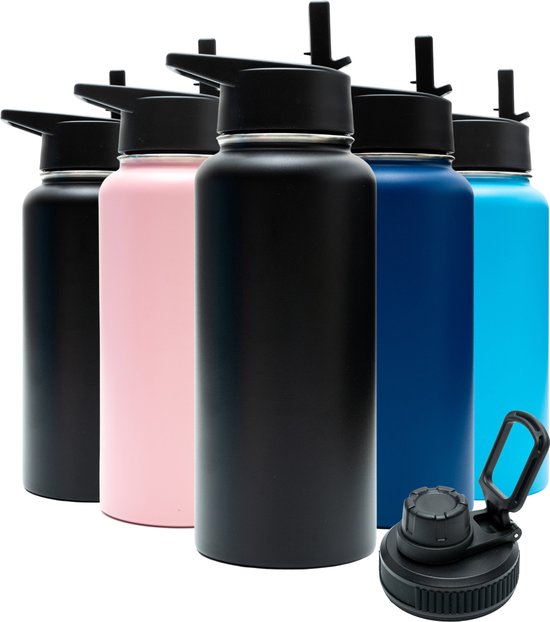 Bouteille d'eau - Noir Onyx - 1 litre - Bouchon Extra gratuit avec paille et bec verseur - Bouteille d'eau avec paille - Bouteille isotherme - Sans BPA - Étanche