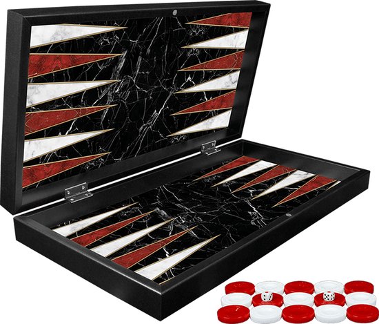 Thumbnail van een extra afbeelding van het spel Backgammon koffer - kleur zwart - maat L - luxe uitvoering - met marmerprint - inclusief schaakstukken