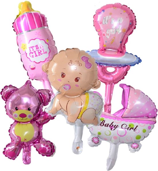 Viveux® 5 stuks Roze & Wit - Ballonnen – Versiering Decoratie - Babyshower - Geboorte Meisje