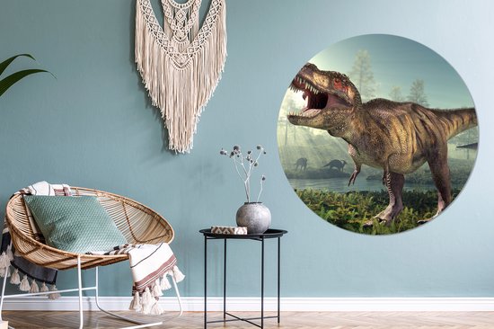 Wandcirkel kinderkamers - Wanddecoratie kind - Dino - Gras - Tekening - Kinderen - ⌀ 140 cm - Wanddecoratie jongens - Meisjes - Kunststof