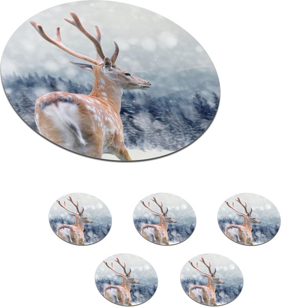 Runa Art Muur Schilderij XXL Winter Hert 200 x 80 cm Beige 5 Delen - Made in Germany - 004155a