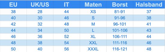 Maattabel voor corrigerend herenhemd: maten EU, UK/US, IT, Maten, Borst (cm), Halsband (cm). Beschikbaar in XL.