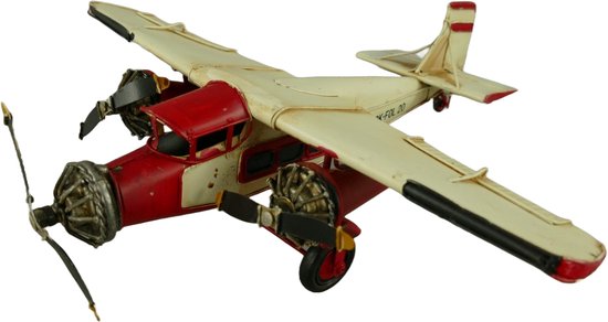 Decoratie Vliegtuig - Miniatuur 32x33x10cm - Rood/Wit- Model vliegtuig - Blikken vliegtuig- IJzer