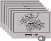 Placemat - Placemats kunststof - Kaart – Plattegrond – Stadskaart – München – Duitsland – Zwart Wit - 45x30 cm - 6 stuks - Hittebestendig - Anti-Slip - Onderlegger - Afneembaar