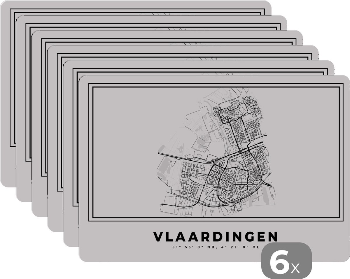 Placemat - Placemats kunststof - Stadskaart – Zwart Wit - Kaart – Vlaardingen – Nederland – Plattegrond - 45x30 cm - 6 stuks - Hittebestendig - Anti-Slip - Onderlegger - Afneembaar