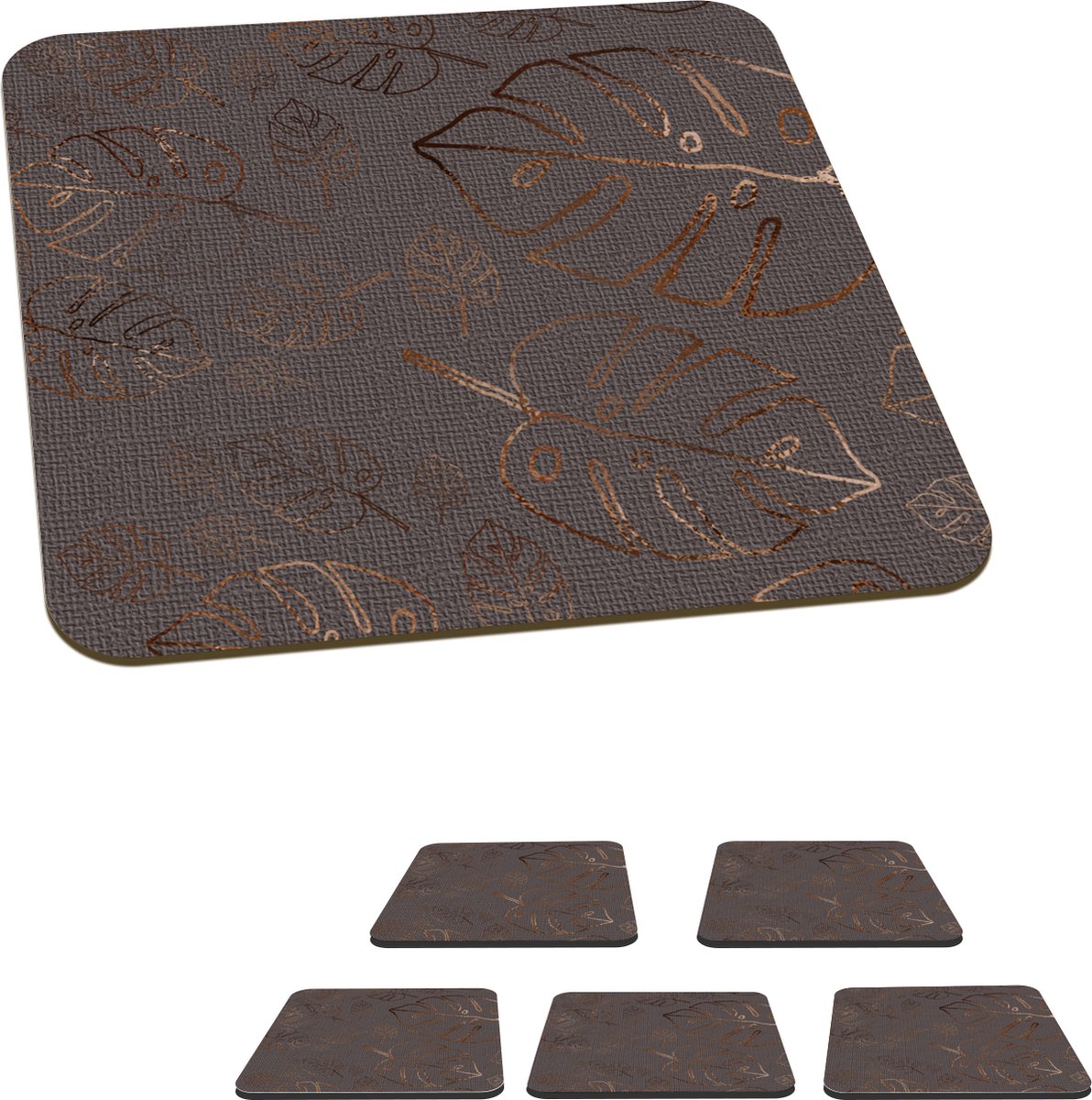 Onderzetters voor glazen - Patronen - Luxe - Blad - Grijs - 10x10 cm - Glasonderzetters - 6 stuks