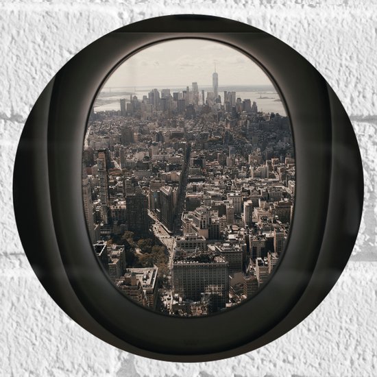 WallClassics - Muursticker Cirkel - Uitzicht over Wereldstad vanuit Vliegtuig - 20x20 cm Foto op Muursticker