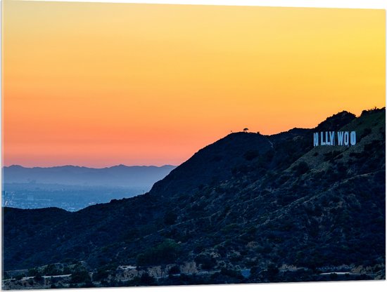 WallClassics - Acrylglas - Hollywood Sign met Zonsondergang - 100x75 cm Foto op Acrylglas (Wanddecoratie op Acrylaat)