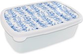 Broodtrommel Wit - Lunchbox - Brooddoos - Bloemen - Anemoon - Blauw - Patroon - 18x12x6 cm - Volwassenen