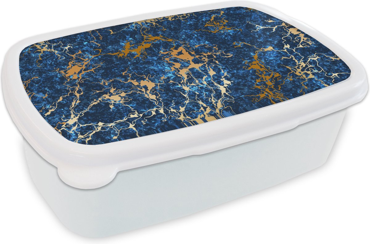 Broodtrommel Wit - Lunchbox - Brooddoos - Marmer - Textuur - Goud - Blauw - 18x12x6 cm - Volwassenen