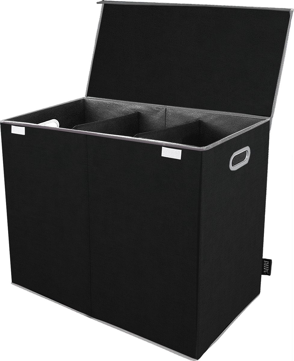 MiRi Wasmand – 3 Vakken met Deksel – Wassorteerder – Zwart – 120 Liter – Wasbox – Opvouwbaar – Organizer Kleding – Laundry Basket - MiRi