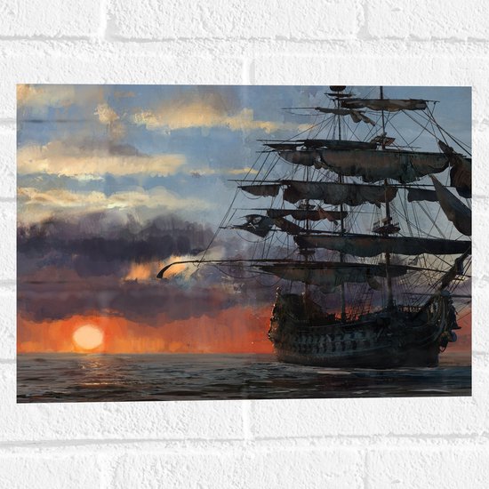 WallClassics - Muursticker - Groot Piratenschip op Zee met Zon - 40x30 cm Foto op Muursticker