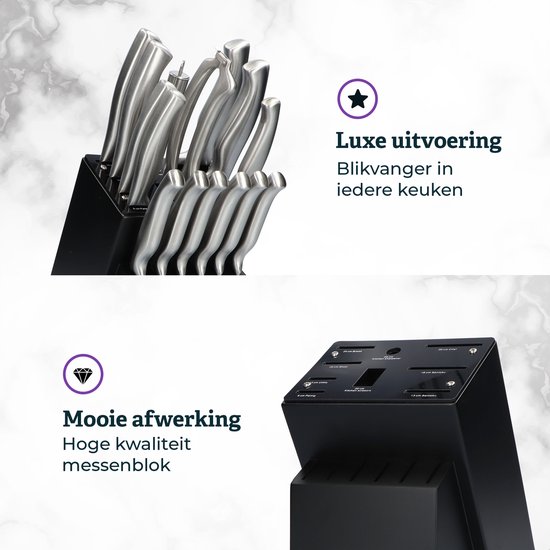 Zwarte messenblok gevuld met RVS messen en de luxe afwerking van het blok.