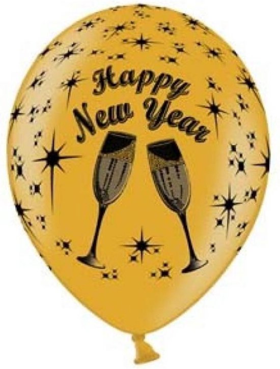 6 Metallic Ballonnen Happy new Year , Goud/ Zwart, 30 cm doorsnee, Oud en Nieuw