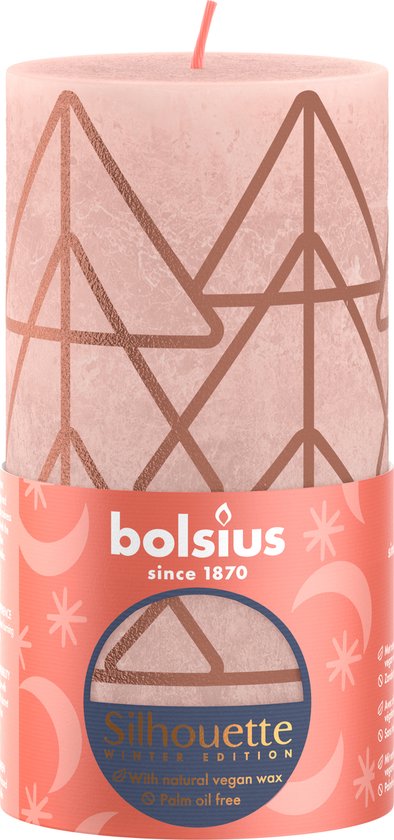Bolsius Stompkaars Rustiek Print Kerstboom Misty Pink - 13 cm / ø 7 cm