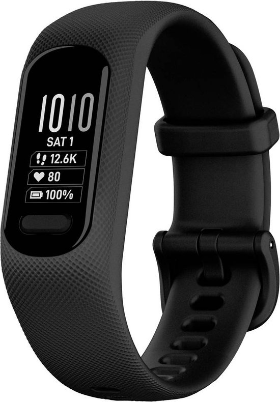 Zwarte activity tracker met scherm dat datum, stappen (12,6K), hartslag (80) en batterij (100%) toont.
