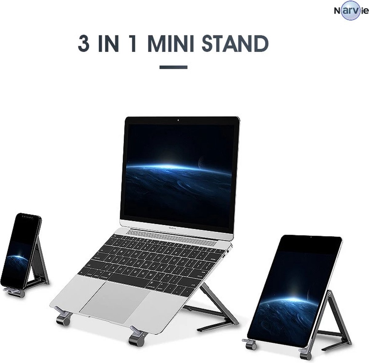 Narvie Luxe laptop Standaard met Telefoonhouder - set van 2 - Ergonomisch - opvouwbaar - Universeel - Zwart