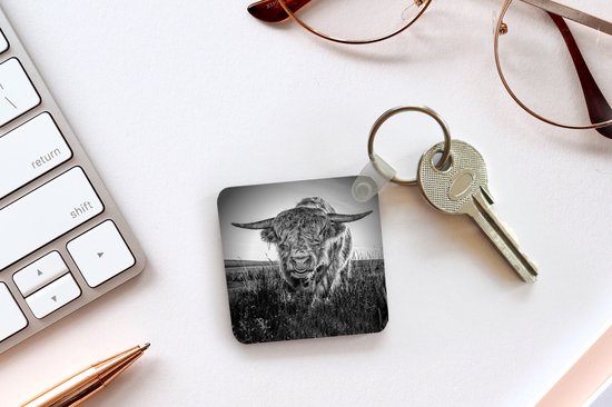 Porte-clés Scottish Highlanders - Close-up Scottish Highlander en plastique noir et blanc porte-clés - porte-clés carré avec photo